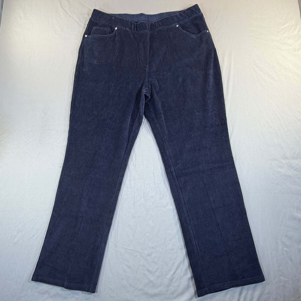 Quacker Factory Navy Blue Corduroy Pull On Pants Womens L Short Straight Leg